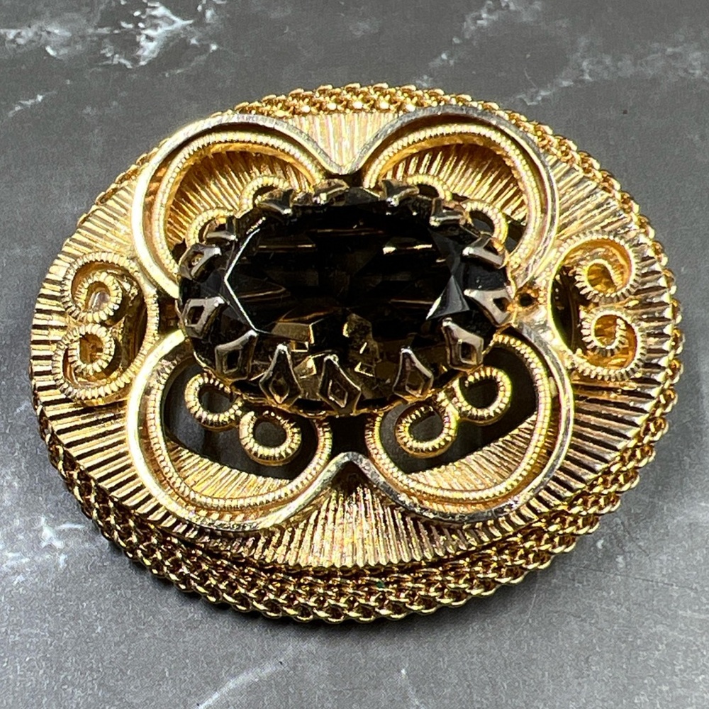 Vintage Hobe Smokey Quartz Gold Toned Ornate Pin Brooch